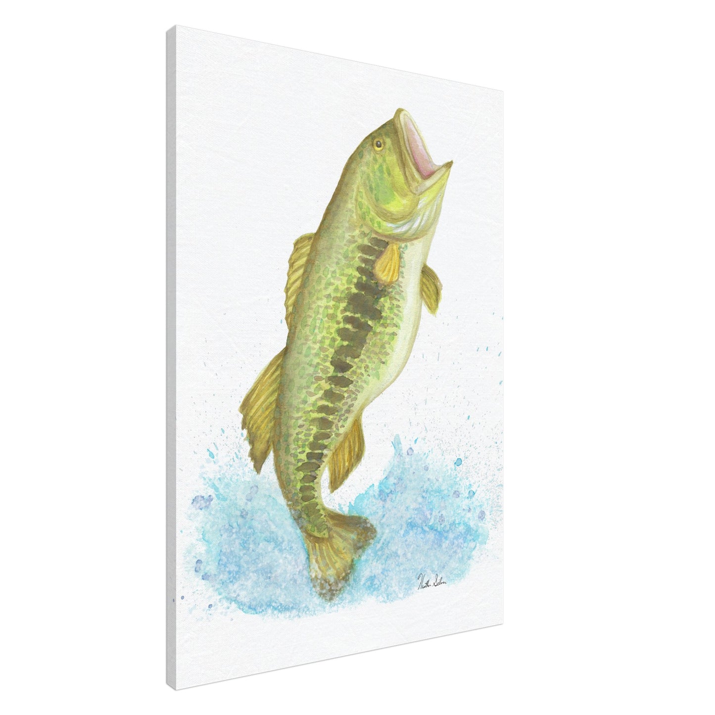 28 by 40 inch slim canvas wall art print featuring a watercolor painting of a largemouth bass leaping from the water. Canvas shown from an angle.