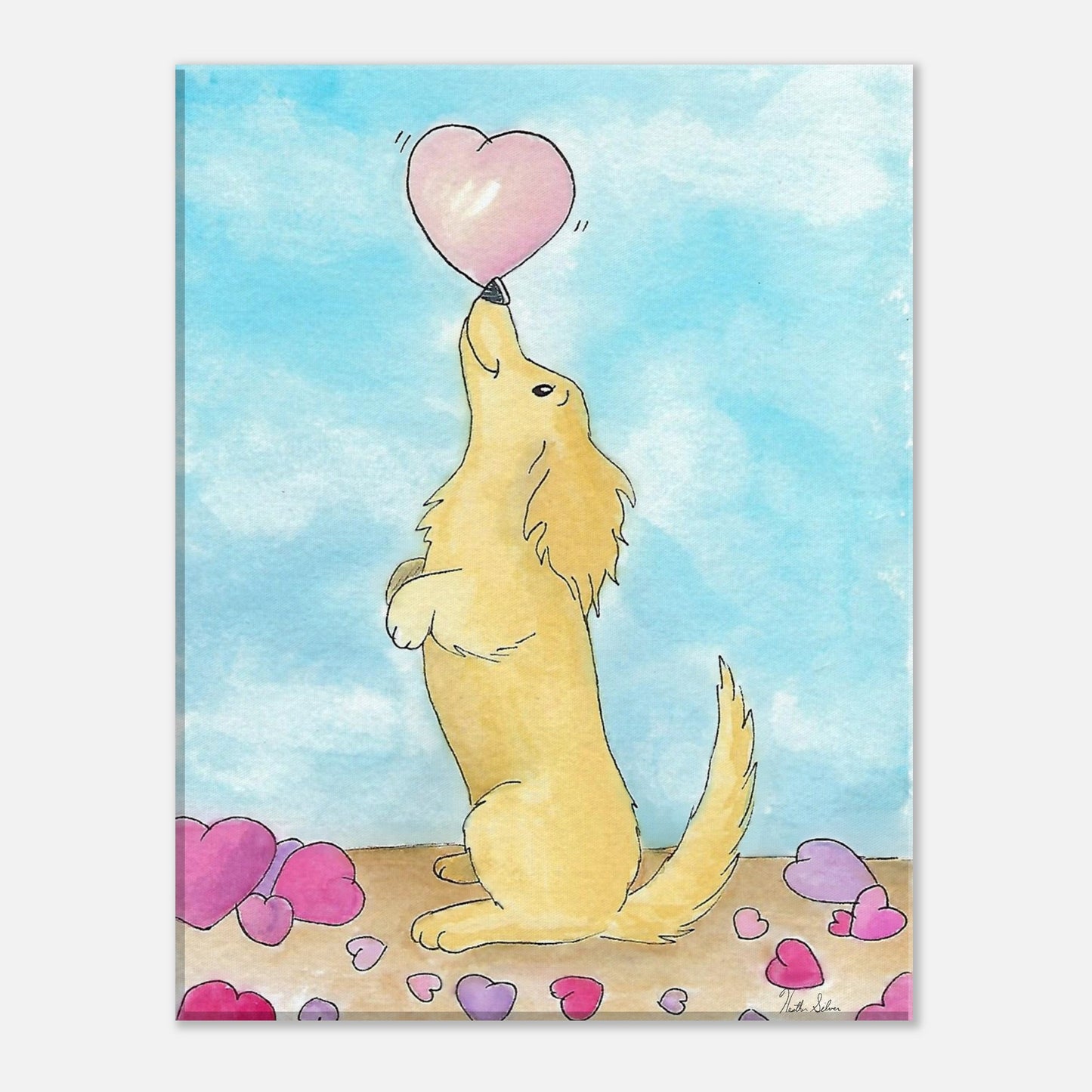 12 by 16 inch canvas wall art print of Heather Silver's watercolor painting, Puppy Love. It features a cute dog balancing a pink heart on its nose against a blue sky background.
