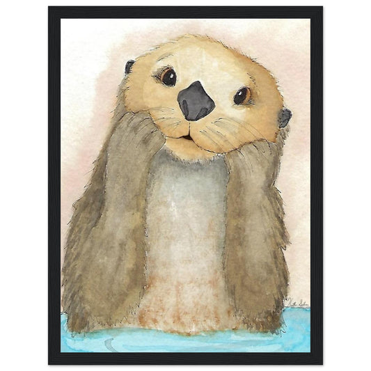 12 by 16 inch black wood framed watercolor art print Otter Amazement.