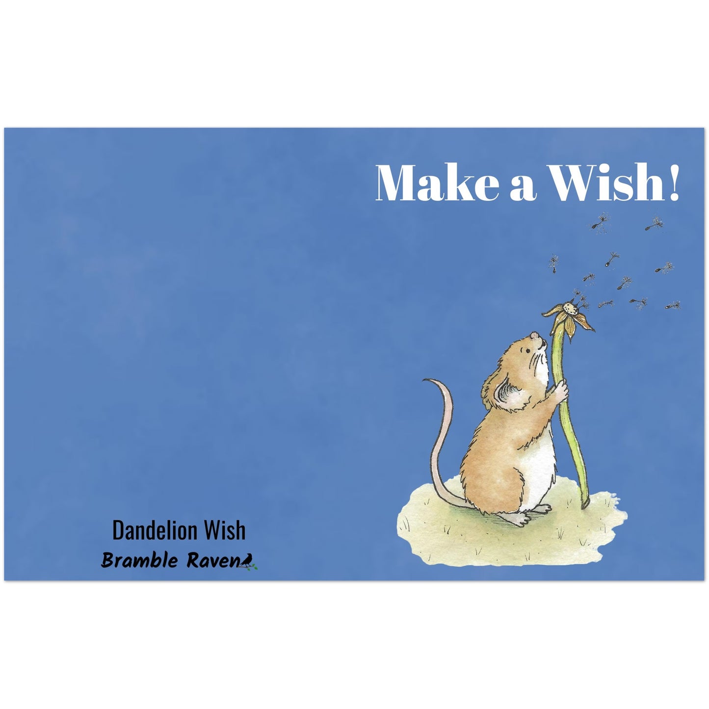 Ten fun greeting cards with envelopes. The front features white "Make a wish!" text and our watercolor dandelion wish mouse on a blue background. Inside is blank. Made with thick 350 gsm 150lb coated paperboard with vibrant printing.  Cards measure 4.25 by 5.5 inches.