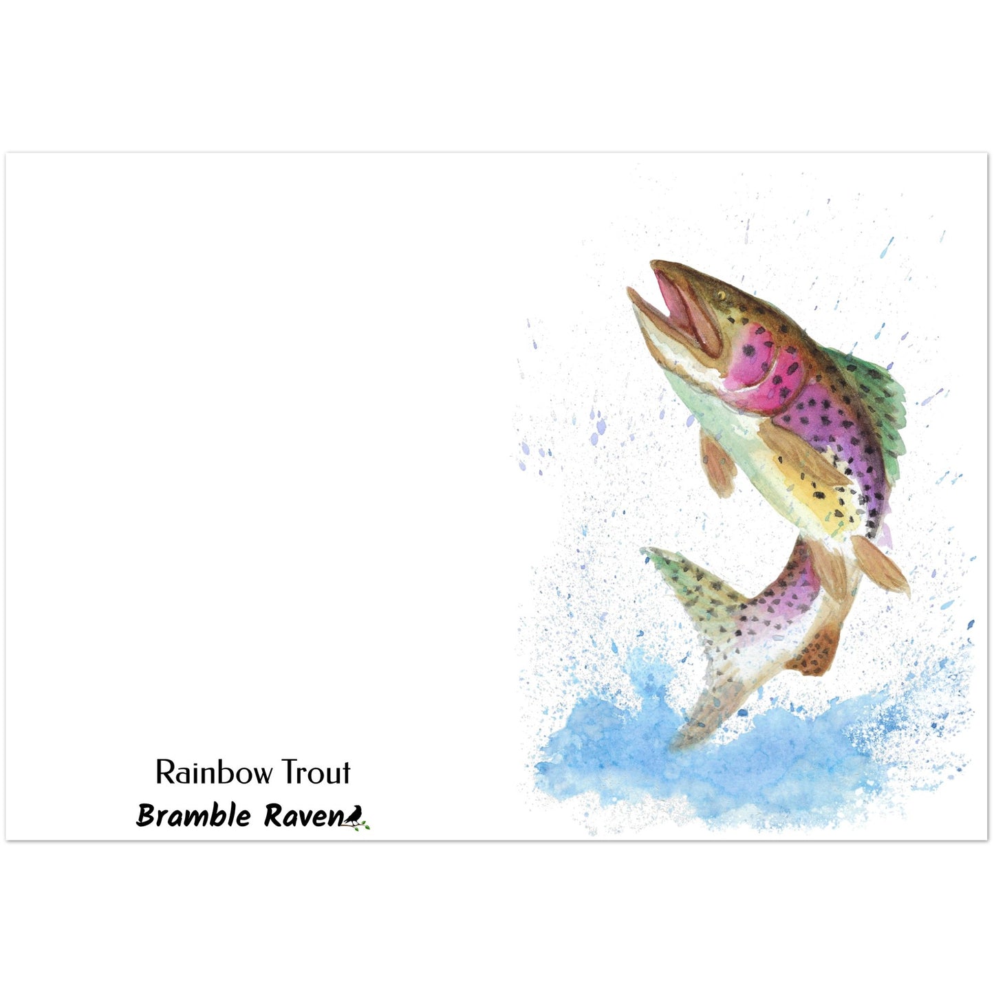 Ten greeting cards with print of watercolor rainbow trout on the front. Inside is blank. Comes with envelopes. Cards measure 5.5 by 8.5 inches. Made with 350 gsm 150lb coated paperboard with vibrant printing.