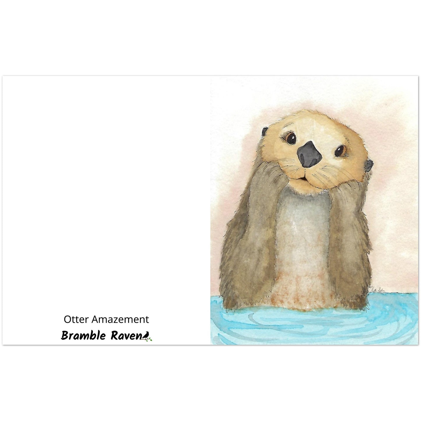 Pack of ten 4.25 x 5.5 inch greeting cards. Features watercolor print of a playful sea otter on the front. Inside is blank. Made of coated paperboard. Comes with envelopes.