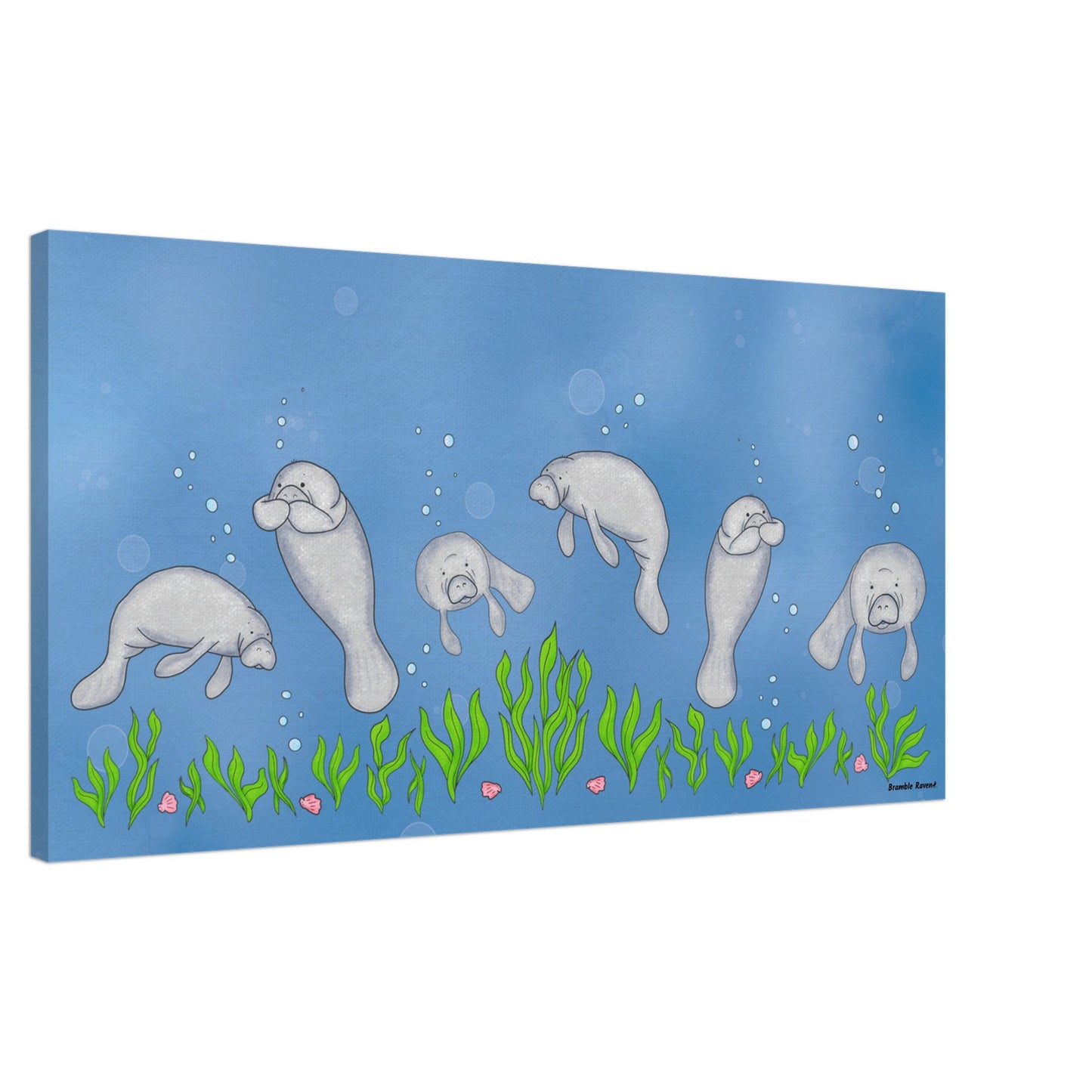 20 by 40 inch slim canvas wall art print featuring cute illustrated manatees swimming above the seabed. Hanging hardware included. Shown at an angle on the wall.