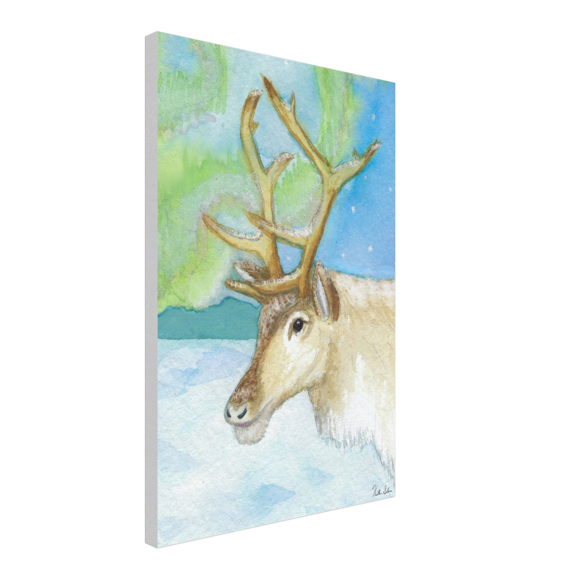 16 by 24 inch slim canvas print of Heather Silver's watercolor painting, northern lights reindeer. Canvas shown at an angle.