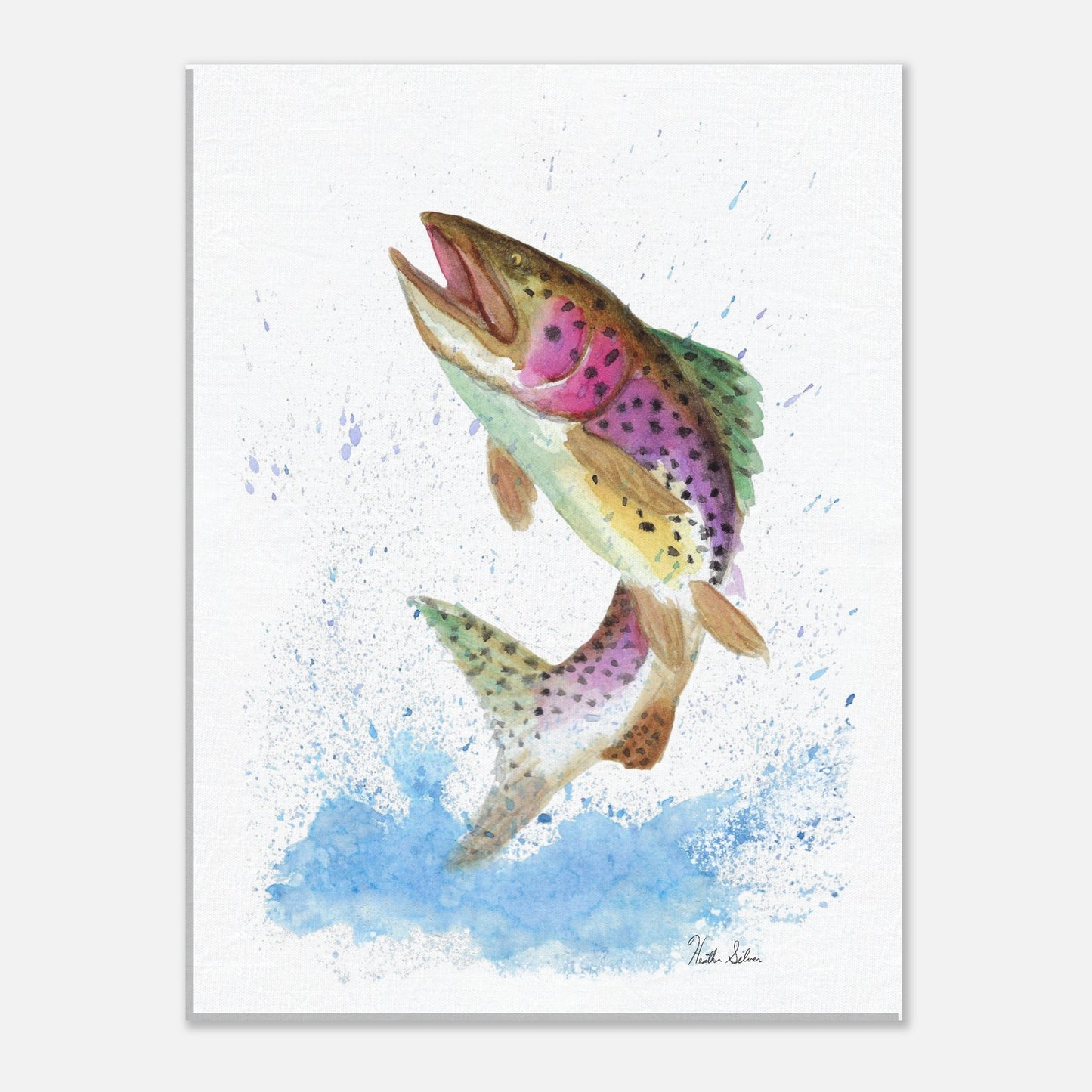8 by 10 inch slim canvas wall art print featuring a watercolor painting of a rainbow trout leaping from the water. Hanging hardware included.