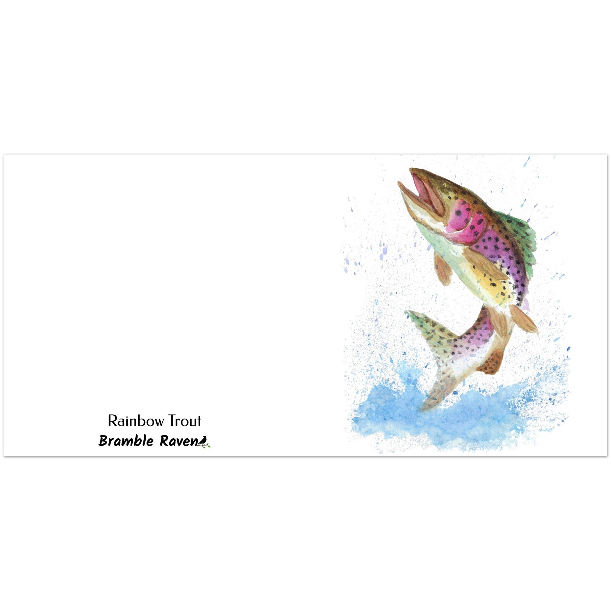 Ten greeting cards with print of watercolor rainbow trout on the front. Inside is blank. Comes with envelopes. Cards measure 5.25 by 5.25 inches. Made with 350 gsm 150lb coated paperboard with vibrant printing.
