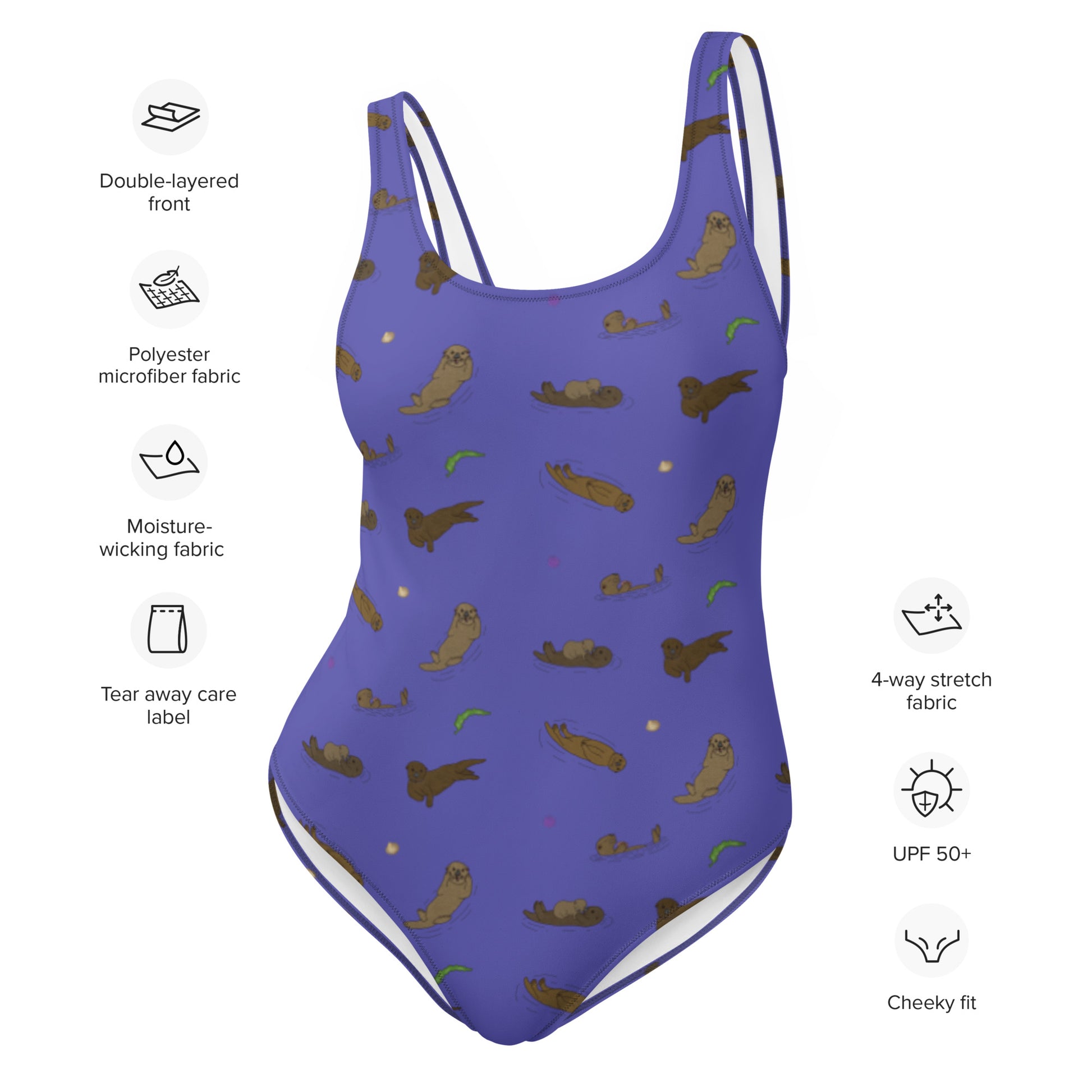 One piece swimsuit with a pattern of sea otters and ocean accents on a purple background. 