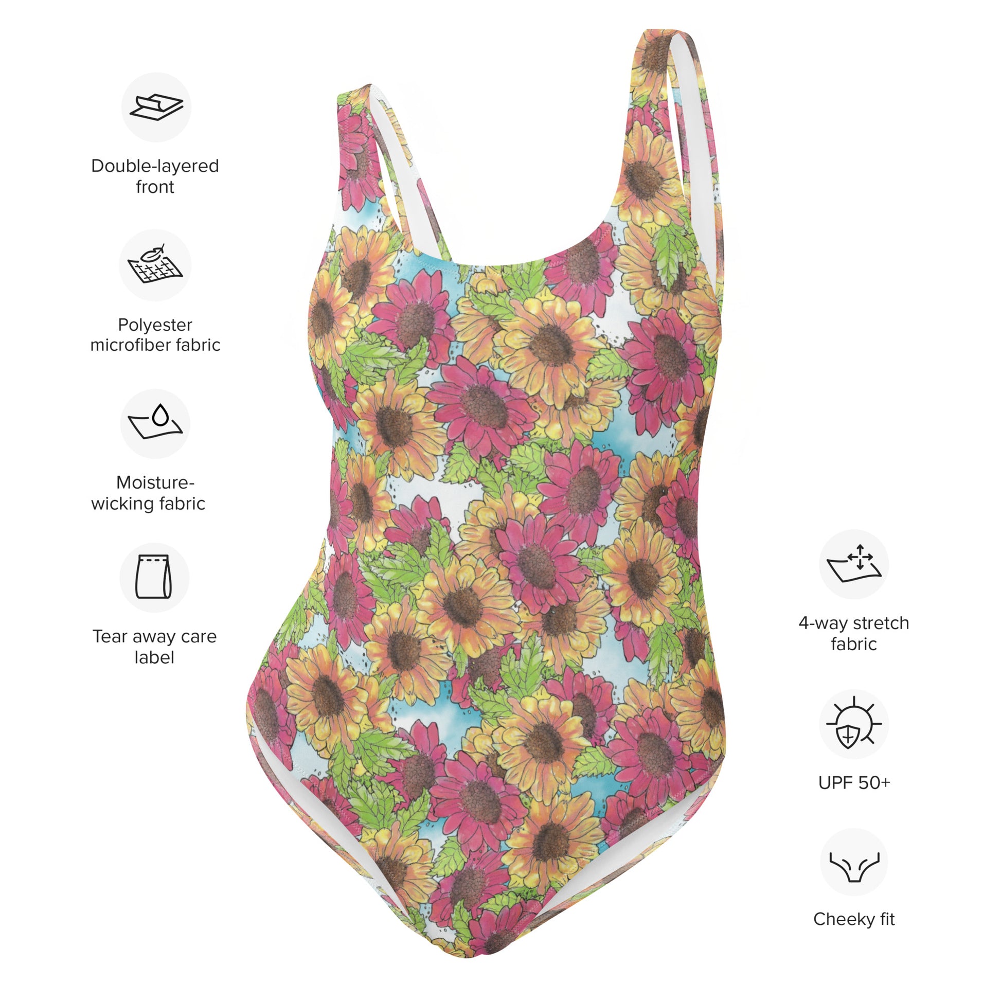 Gerber daisies one piece women's swimsuit. Yellow and red watercolor gerber daisies print. Available in XS to 3XL.