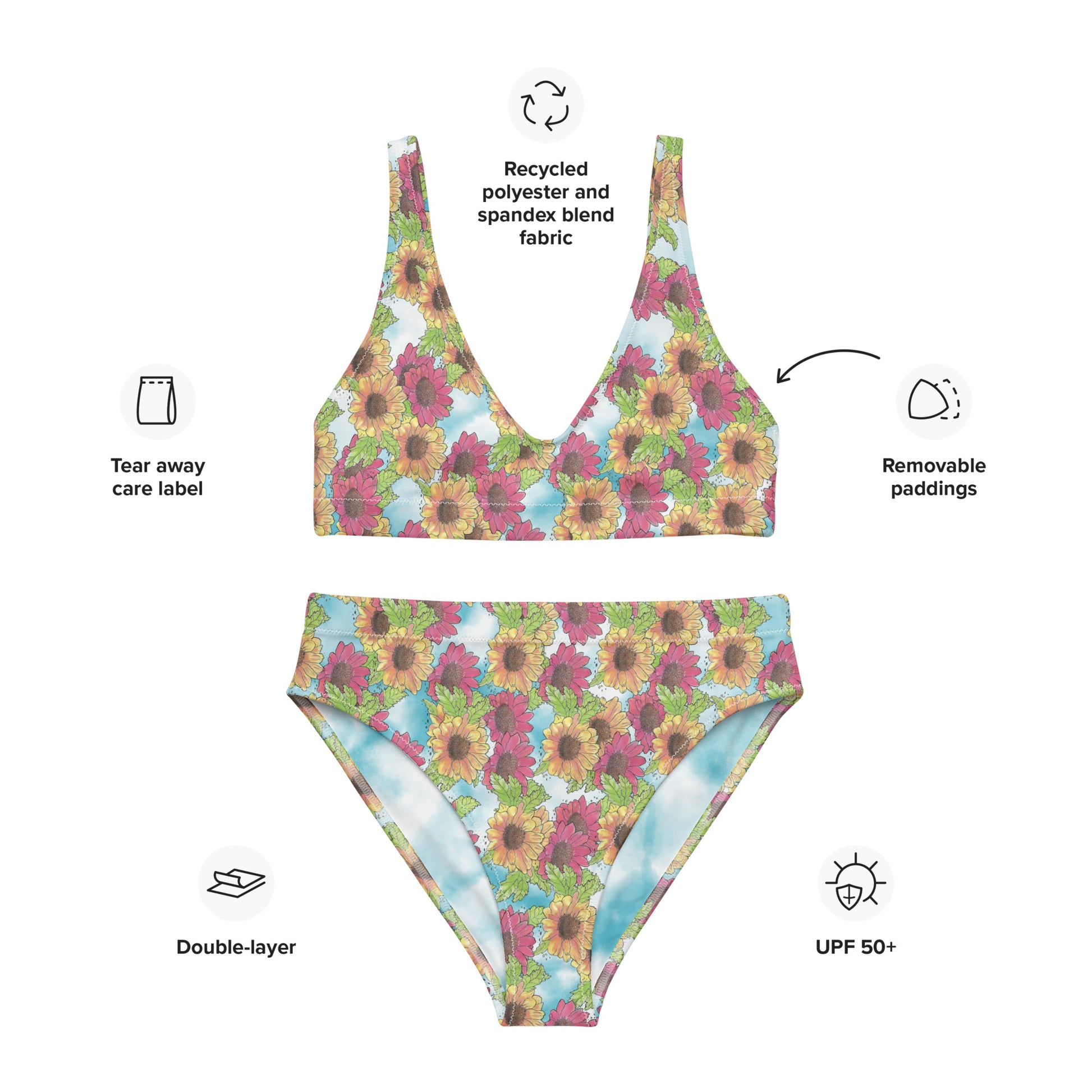 Watercolor Gerber daisy patterned high-waisted bikini. Made from recycled polyester and spandex. Features removable pads and double layers.