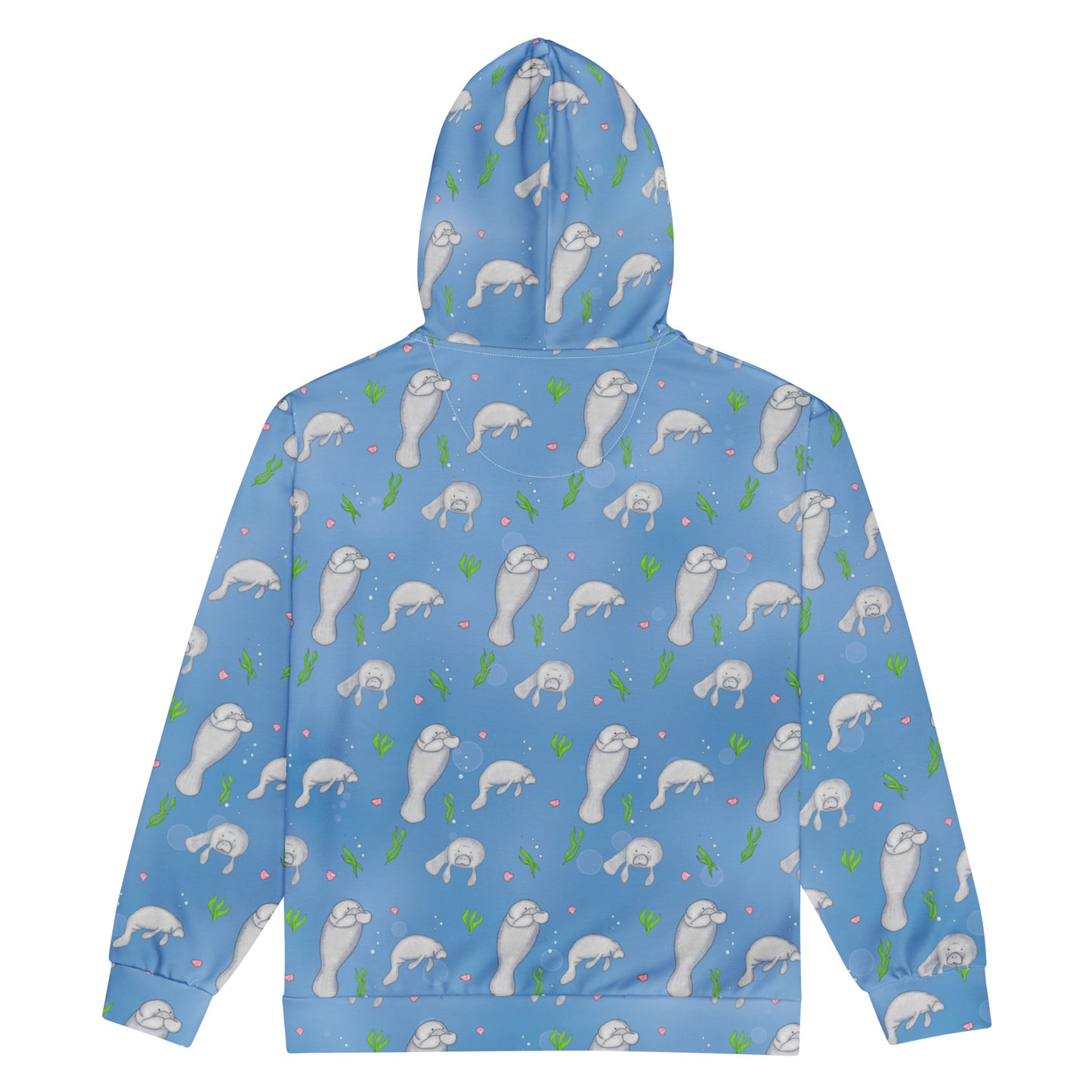 Unisex patterned manatee zip up hoodie. Made with recycled polyester. Soft cotton-feel outside fabric and fleece inside. Metal zipper, eyelets, and drawcord tips. Back view.