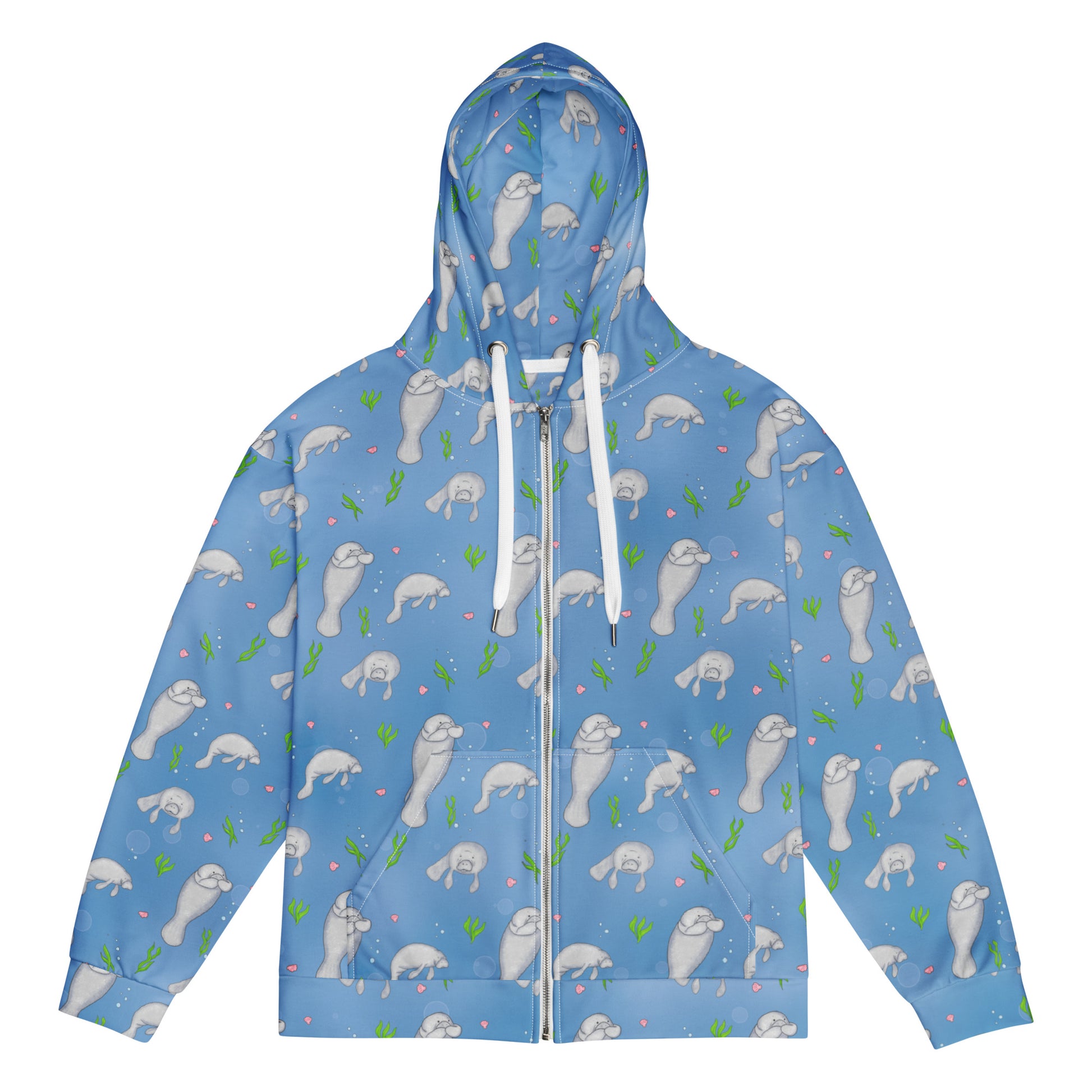 Unisex patterned manatee zip up hoodie. Made with recycled polyester. Soft cotton-feel outside fabric and fleece inside. Metal zipper, eyelets, and drawcord tips.