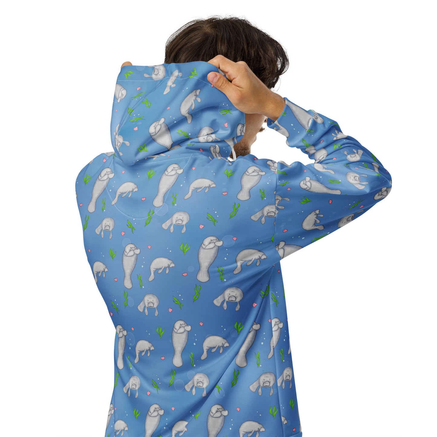 Unisex patterned manatee zip up hoodie. Made with recycled polyester. Soft cotton-feel outside fabric and fleece inside. Metal zipper, eyelets, and drawcord tips. Back view shown on male model.