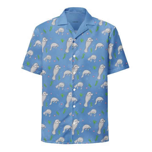 Manatee patterned button up shirt. Made from lightweight polyester. Moister-wicking and SPF 50+. 