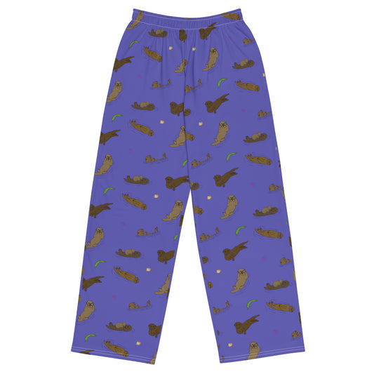 Unisex wide leg pants with elastic waistband, white drawstring and side pockets. Features a patterned design of sea otters, shells, seaweed and sea urchins on a purple background.