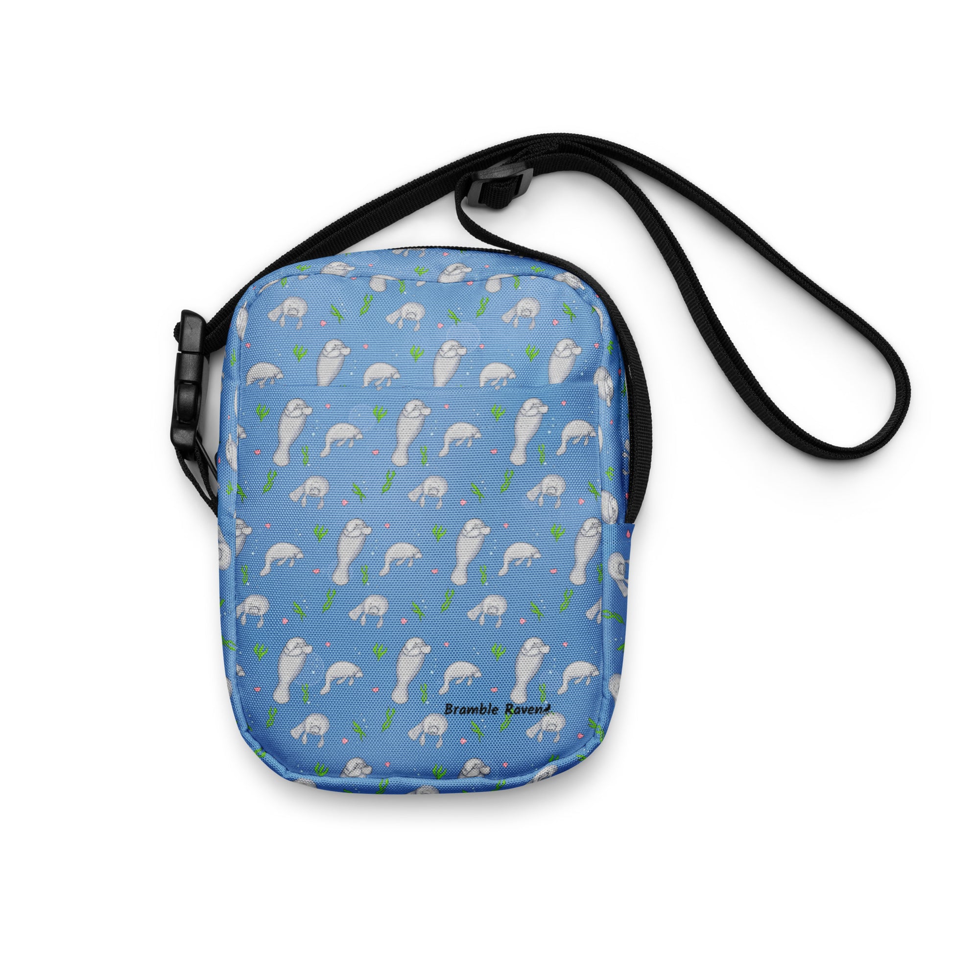 Manatee crossbody utility bag. Front view.