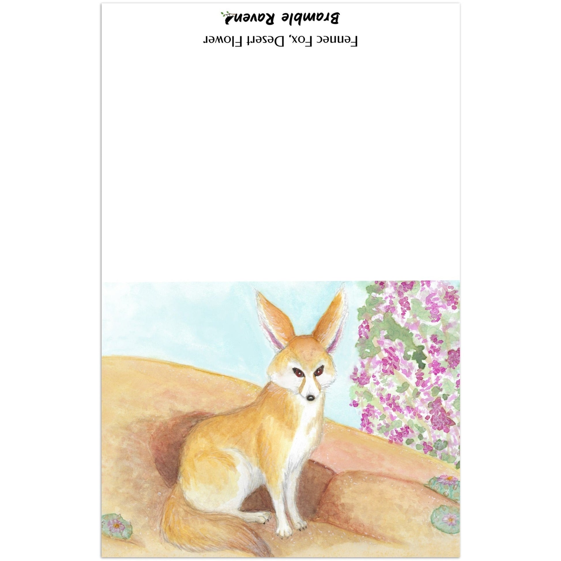 Pack of ten 4.25 x 5.5 inch greeting cards. Features watercolor print of fennec fox near it's den in the desert by a jacaranda tree on the front. Inside is blank. Made of coated paperboard. Comes with envelopes.