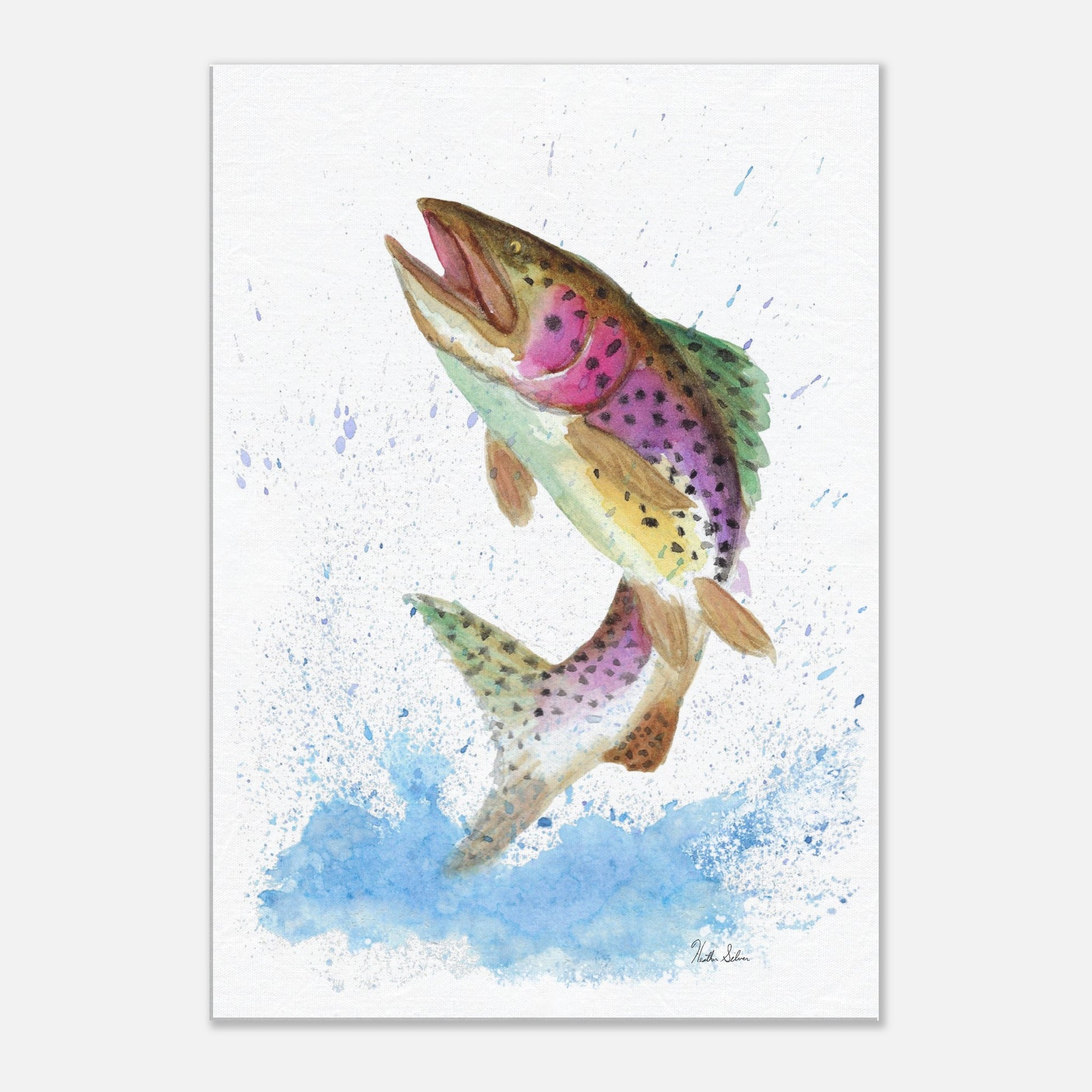 28 by 40 inch slim canvas wall art print featuring a watercolor painting of a rainbow trout leaping from the water. Hanging hardware included.