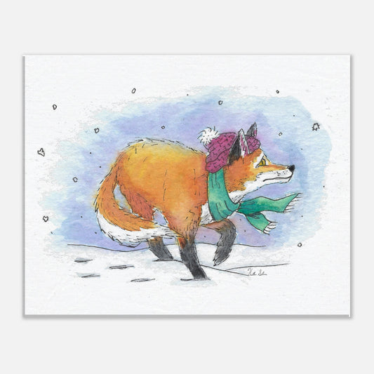 16x20 inch slim canvas art print. Features winter fox, a watercolor painting of a fox in the snow wearing a hat and scarf.
