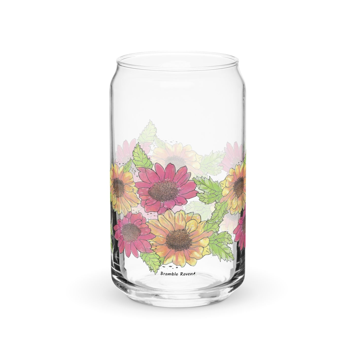 16 ounce can-shaped glass. Features wraparound print of watercolor Gerber daisies.