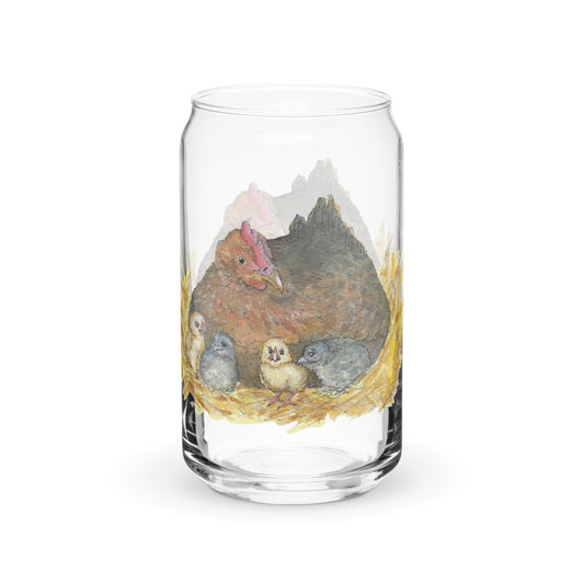16 ounce can shaped glass. Features double-sided print of a watercolor mother hen and her chicks.