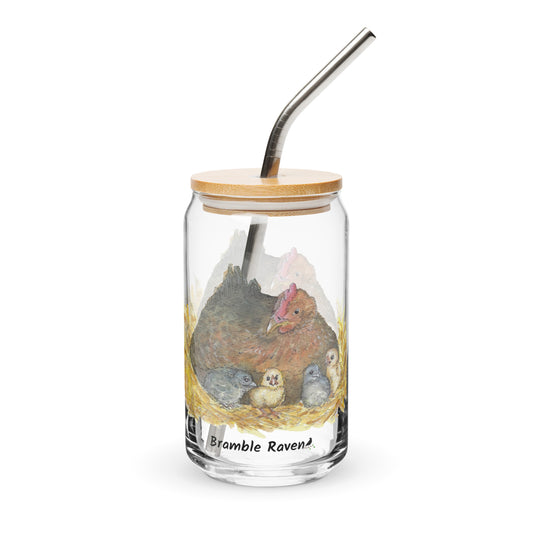16 ounce can shaped glass. Features double-sided print of a watercolor mother hen and her chicks. Shown with bamboo lid and stainless steel straw.