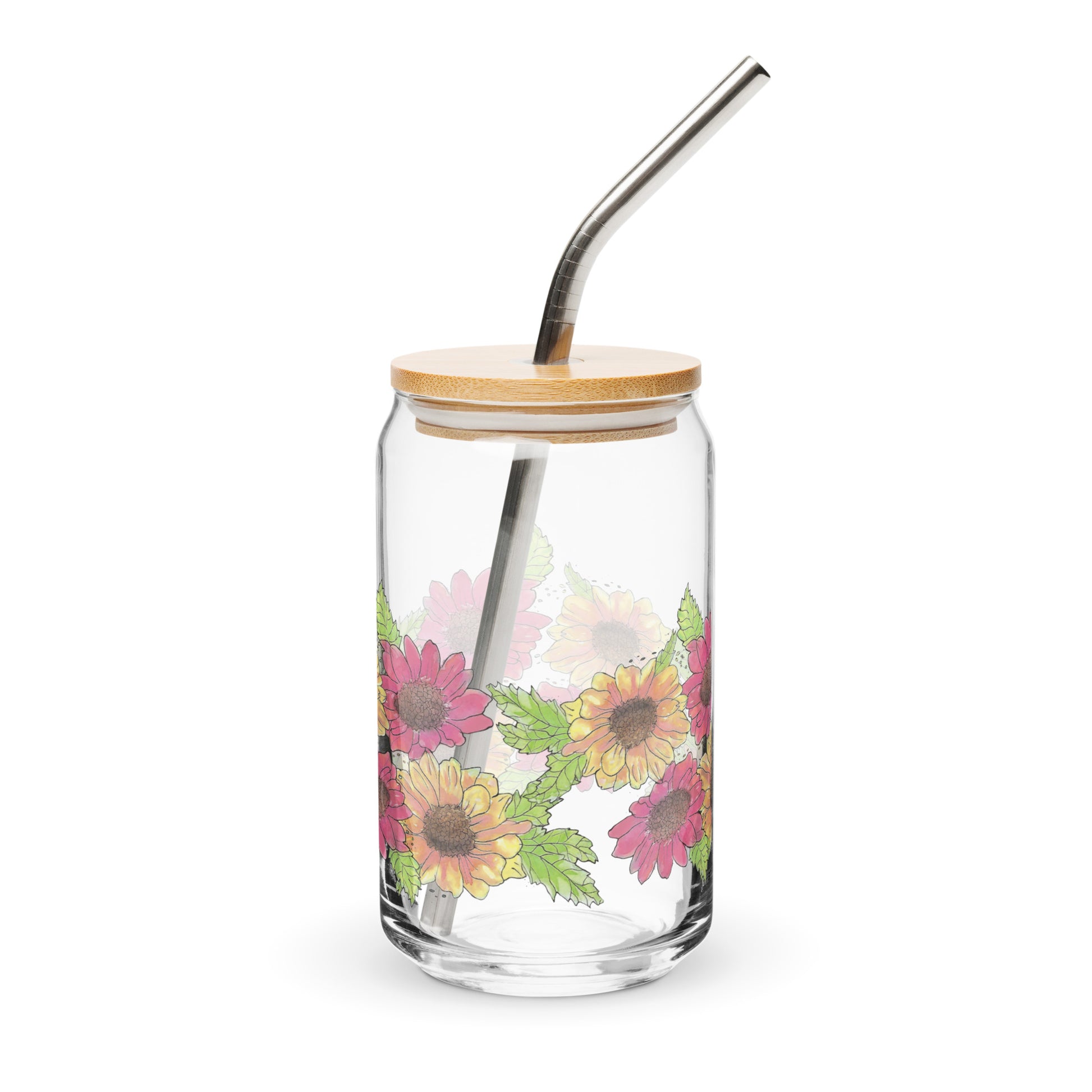16 ounce can-shaped glass. Features wraparound print of watercolor Gerber daisies. Shown with bamboo lid and stainless steel straw.