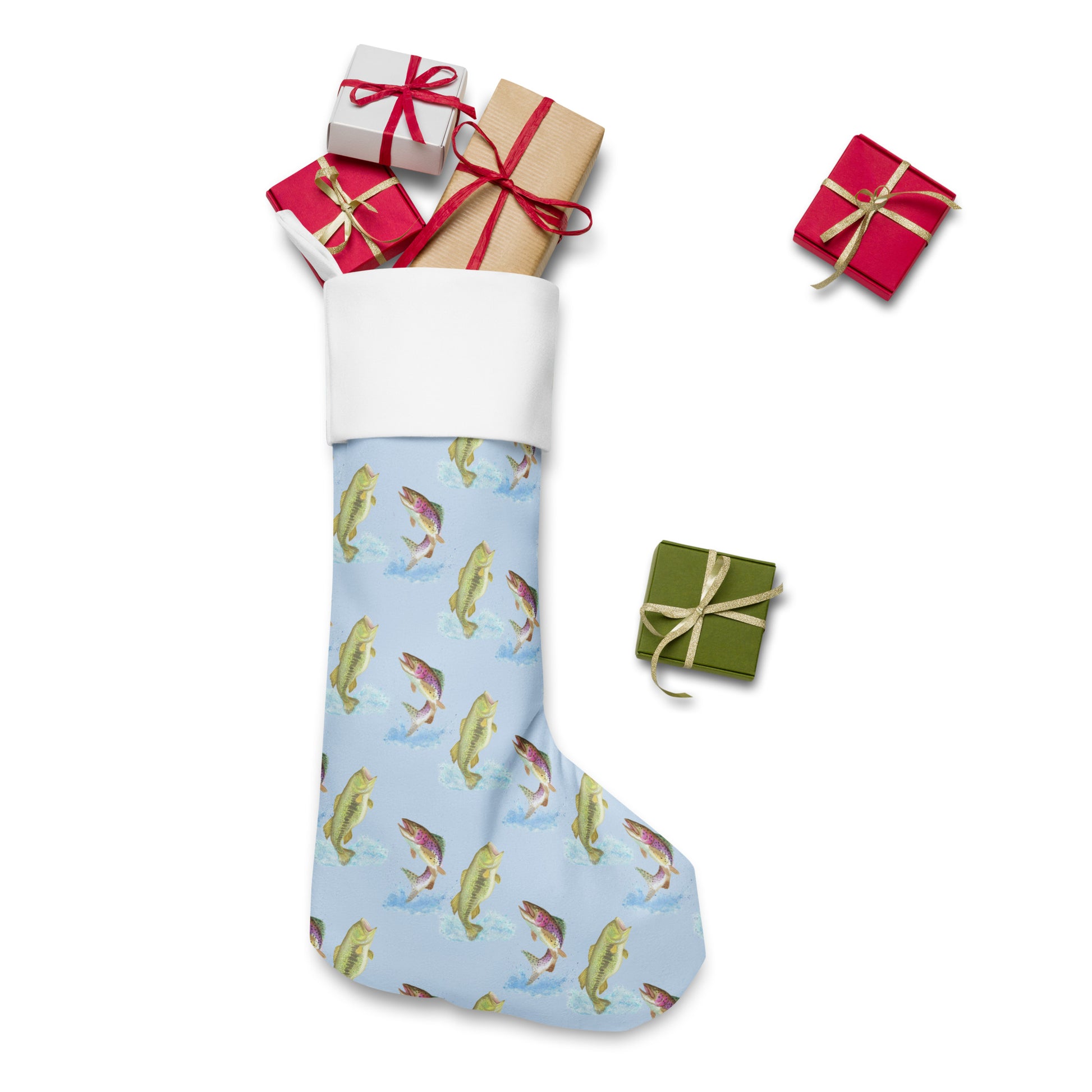 Limited Edition Blue Fishing Christmas Stocking.  7 by 18 inches. The front has watercolor rainbow trout and largemouth bass patterned on a blue background and an off-white polyester back fabric. It has a white fold-over cuff and a hanging loop. Shown stuffed with presents.