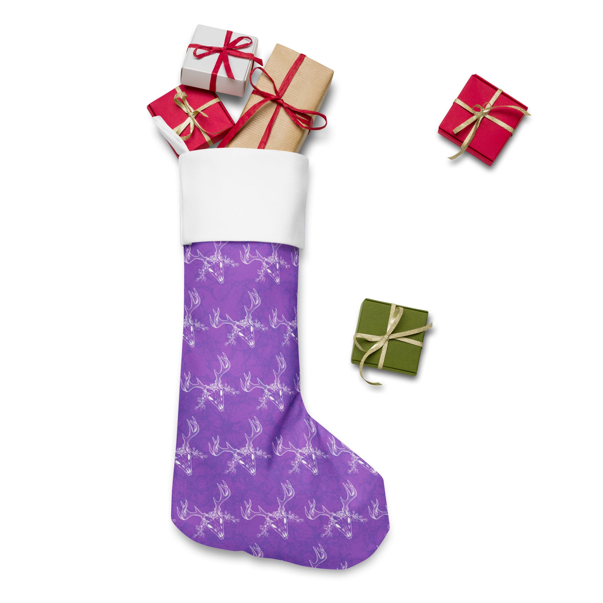 Limited Edition Purple Deer Skull Christmas Stocking.  7 by 18 inches. The front has a hand-illustrated deer skull design on a purple background with an off-white polyester fabric on the back. It has a white fold-over cuff and a loop for hanging. Shown stuffed with presents.