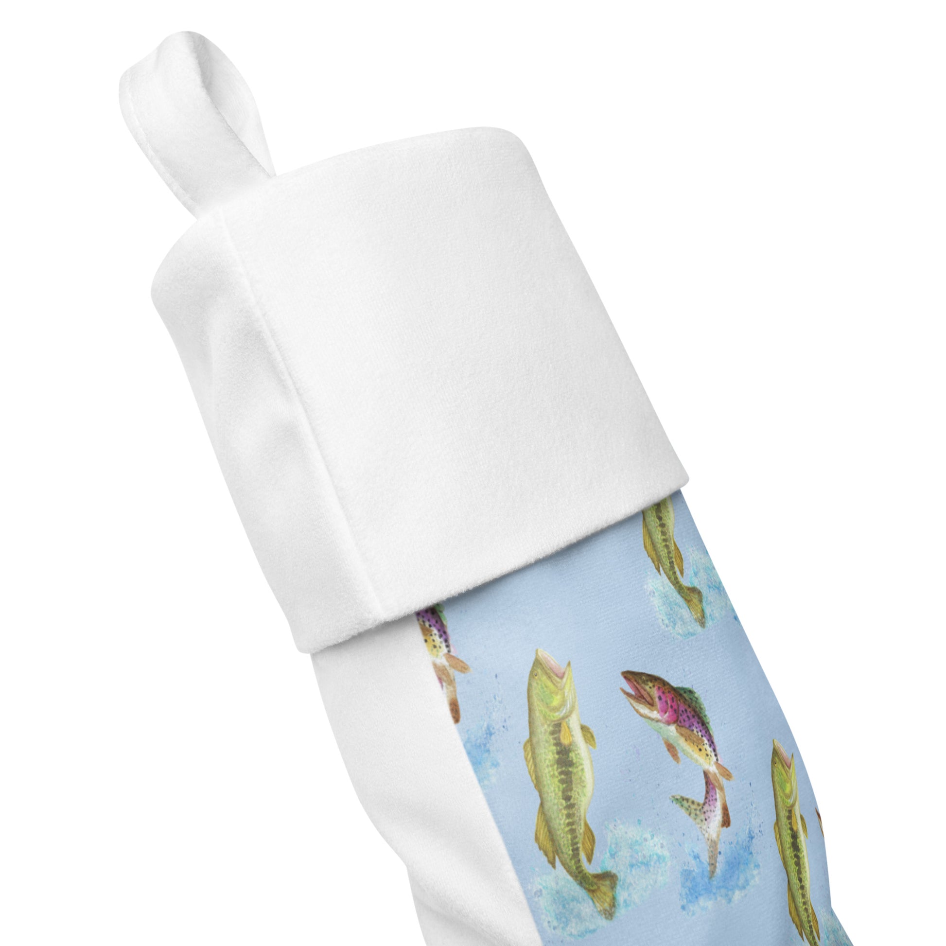 Limited Edition Blue Fishing Christmas Stocking.  7 by 18 inches. The front has watercolor rainbow trout and largemouth bass patterned on a blue background and an off-white polyester back fabric. It has a white fold-over cuff and a hanging loop. Side view shows front and back fabric.