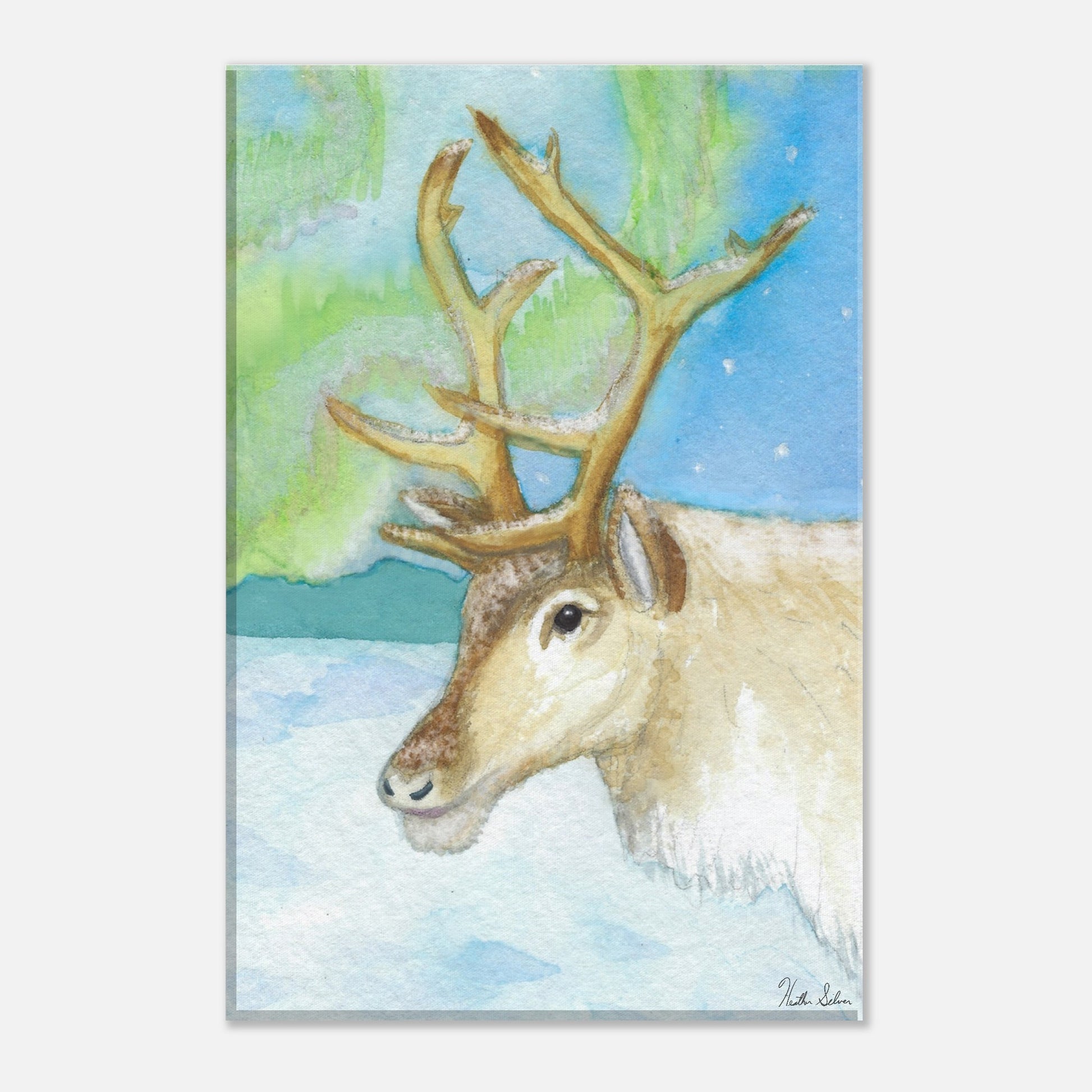 12 by 18 inch slim canvas print of Heather Silver's watercolor painting, northern lights reindeer.