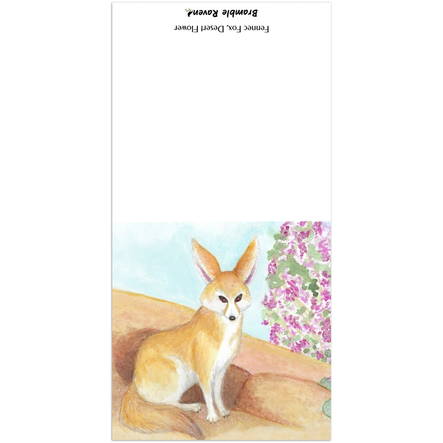 Pack of ten 5.25 x 5.25 inch greeting cards. Features watercolor print of fennec fox near it's den in the desert by a jacaranda tree on the front. Inside is blank. Made of coated paperboard. Comes with envelopes.