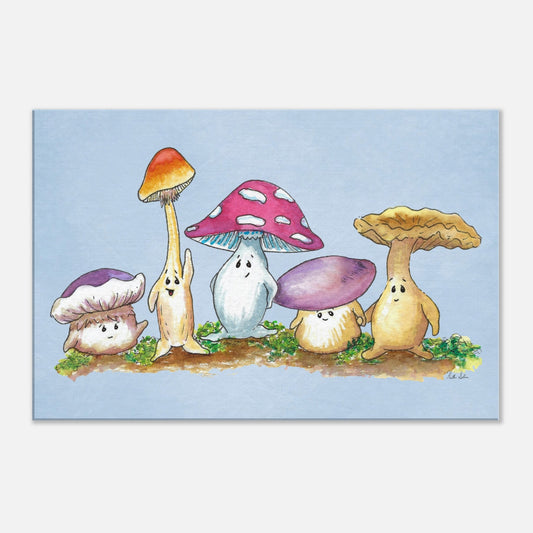 20x30 inch slim canvas print featuring Heather Silver's whimsical watercolor painting, Mushy and Friends, on a light blue background. Hanging hardware included. Five little mushroom characters stand on the mossy ground. 