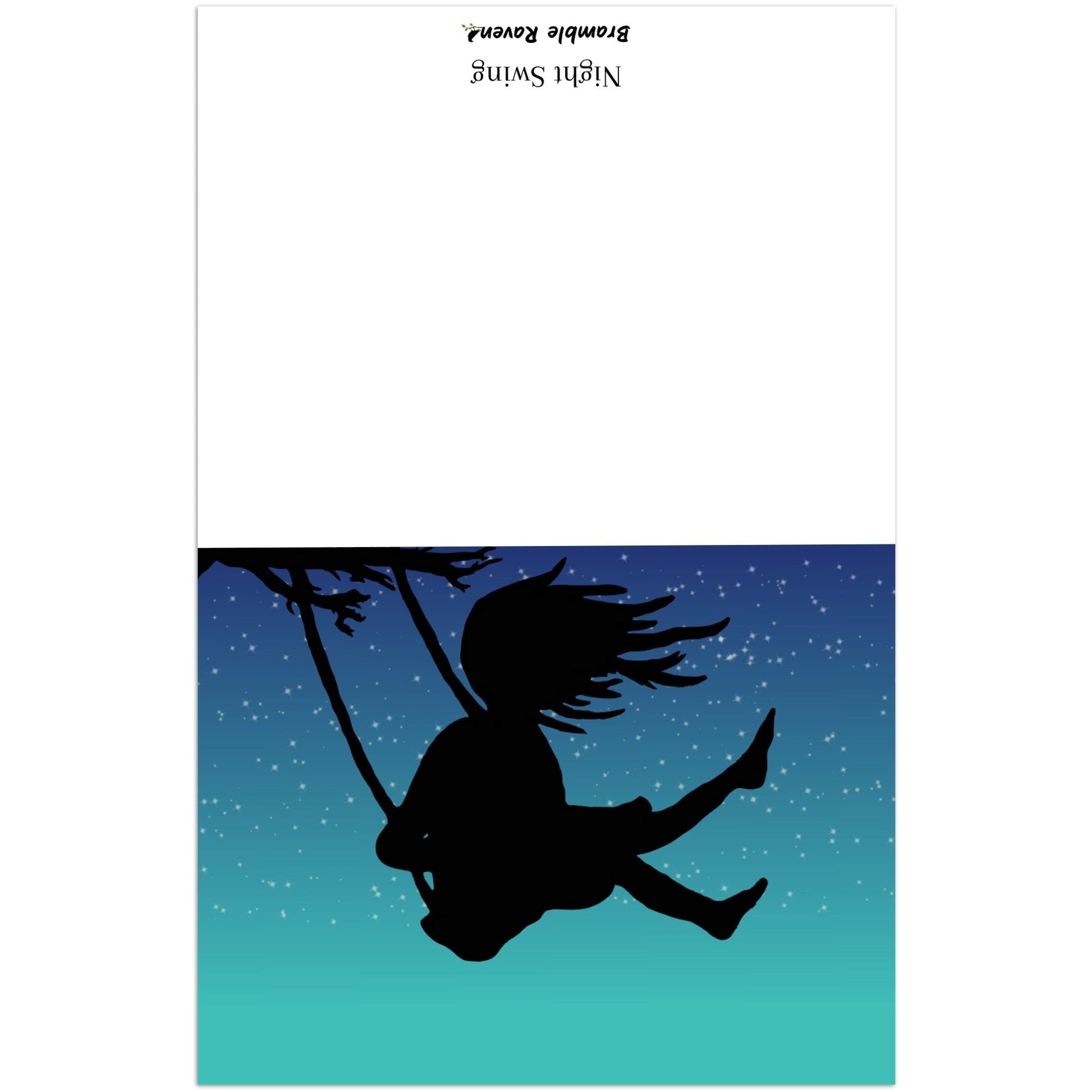 Pack of ten 4.25 by 5.5 inch Night Swing greeting cards and envelopes. Front shows silhouette of a girl in a tree swing against a starry summer night sky. Inside is blank. 