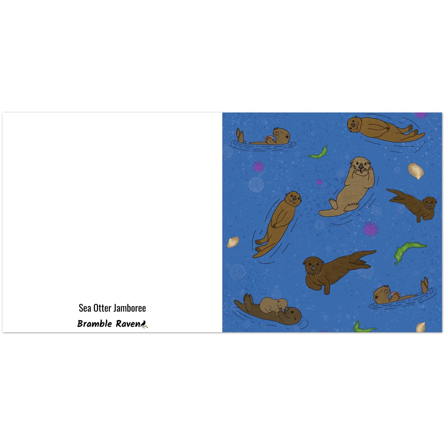 Pack of ten 5.25 x 5.25 inch greeting cards. Features illustrated sea otters on the front. Inside is blank. Made of coated paperboard. Comes with envelopes.