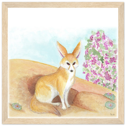 12 by 12 inch natural pine wood framed art print of Heather Silver's watercolor painting of a fennec fox in the desert poised outside her den near a jacaranda tree. Art print has a plexiglass protector. Hanging hardware included.