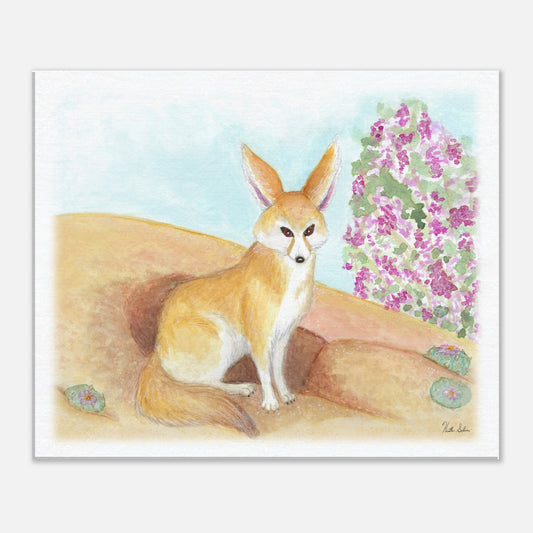 8x10 inch slim canvas print of watercolor painting featuring a fennec fox in the desert by its den near a jacaranda tree.