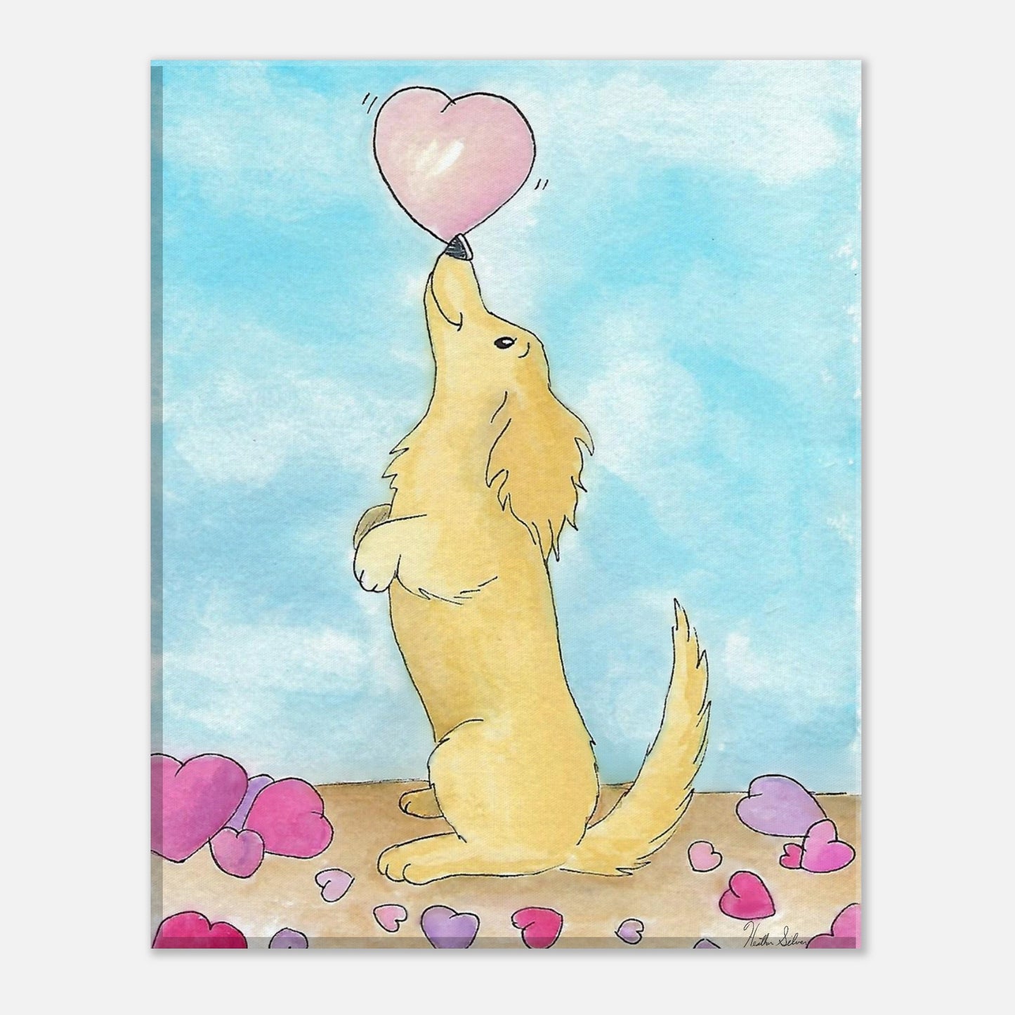 11 by 14 inch canvas wall art print of Heather Silver's watercolor painting, Puppy Love. It features a cute dog balancing a pink heart on its nose against a blue sky background.