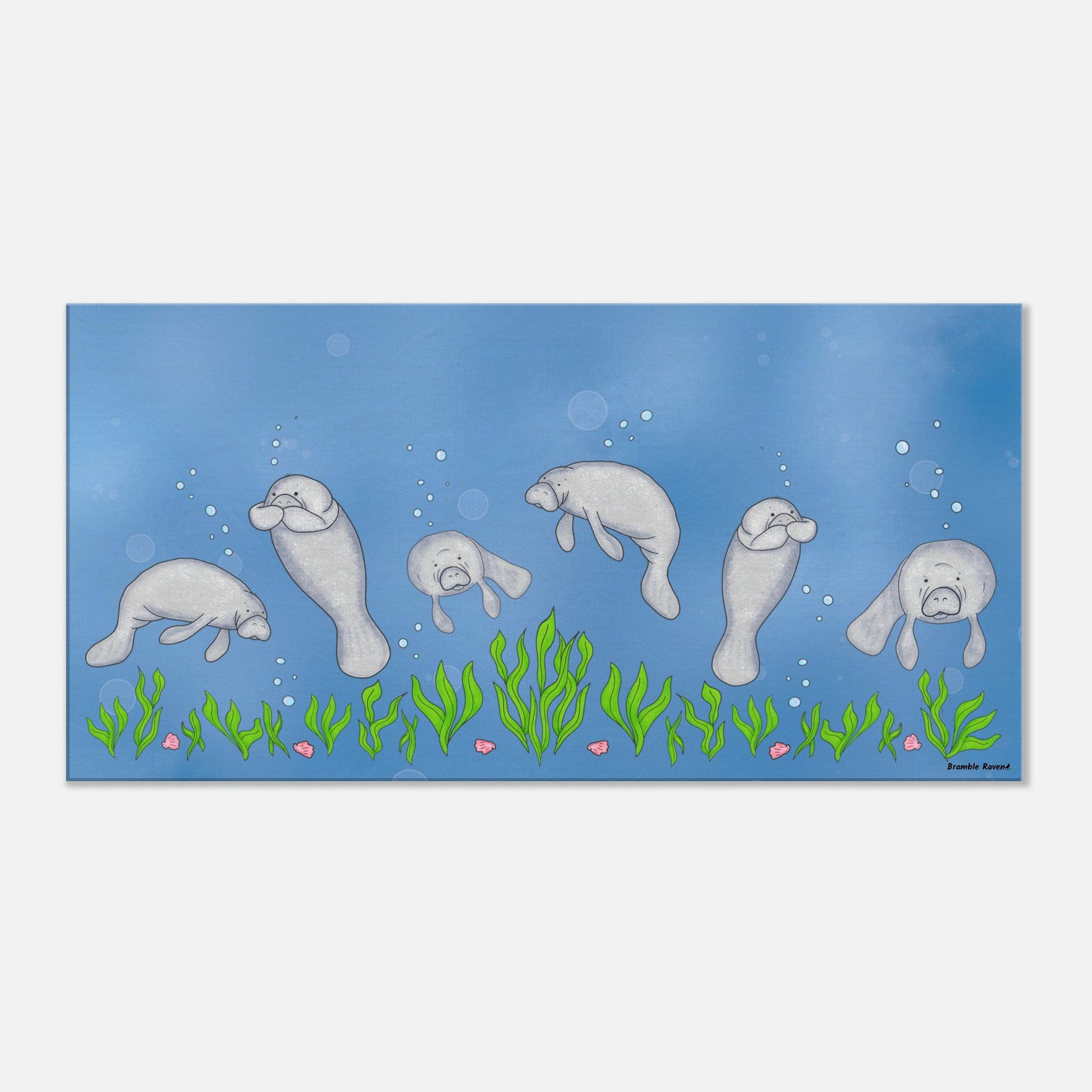 8 by 24 inch slim canvas wall art print featuring cute illustrated manatees swimming above the seabed. Hanging hardware included.