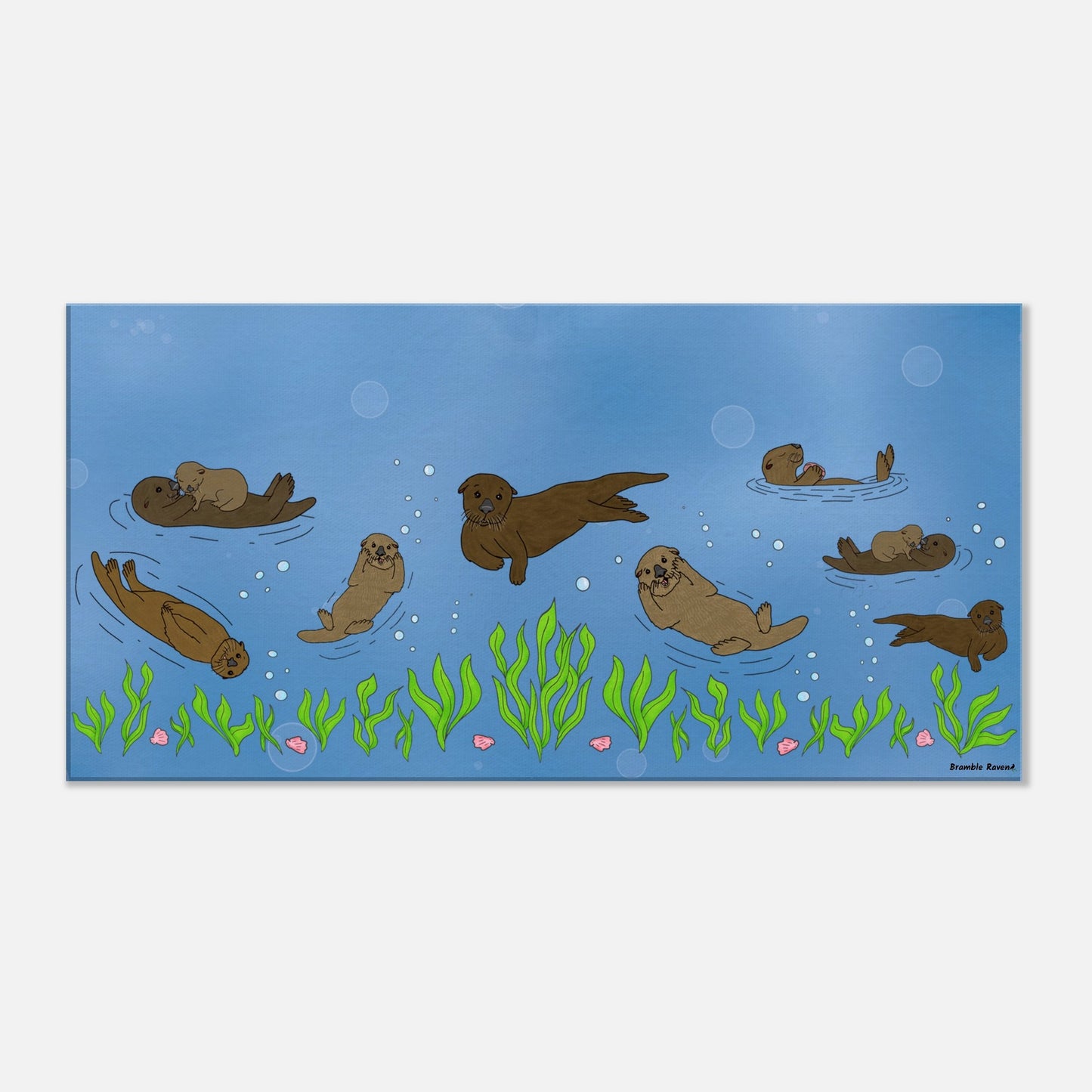 20 by 40 inch slim canvas wall art print of sea otters swimming along the seabed. Hanging hardware included for easy installation.