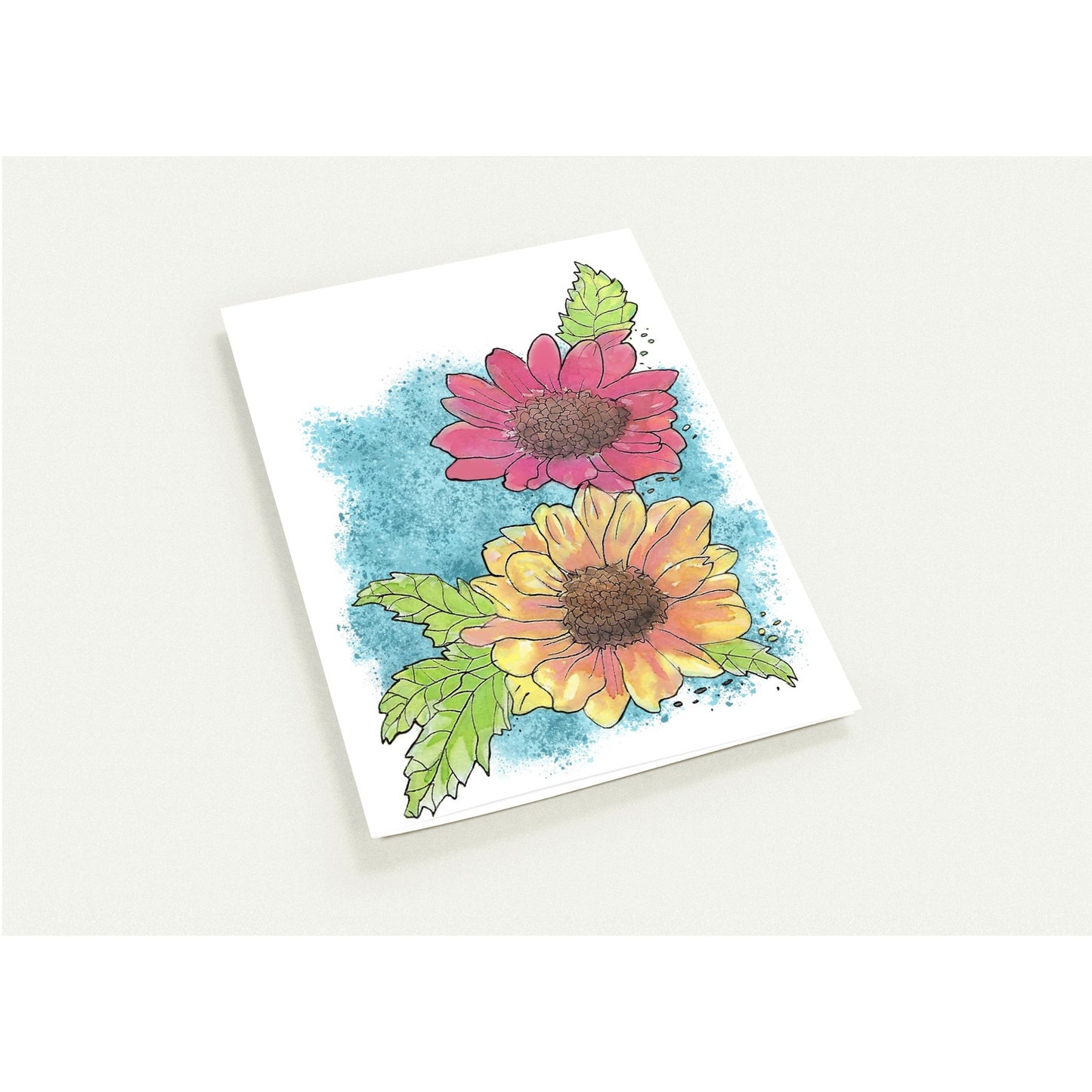 4.25 by 5.5 inch Gerber daisies set of 10 greeting cards and 10 envelopes. Printed on glossy paperboard. Front has a print of watercolor Gerber daisies on a blue accent. Inside has a blue watercolor border with daisy accents.