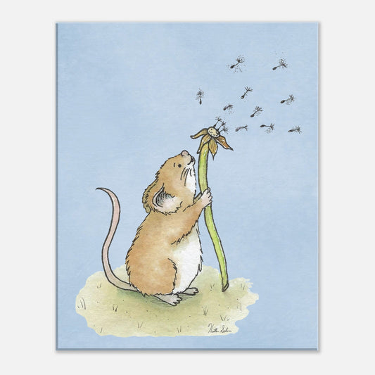 16 by 20 inch slim canvas print of Heather Silver's Dandelion Wish watercolor illustration. Features a cute mouse making a wish on a dandelion fluff against a light blue background.