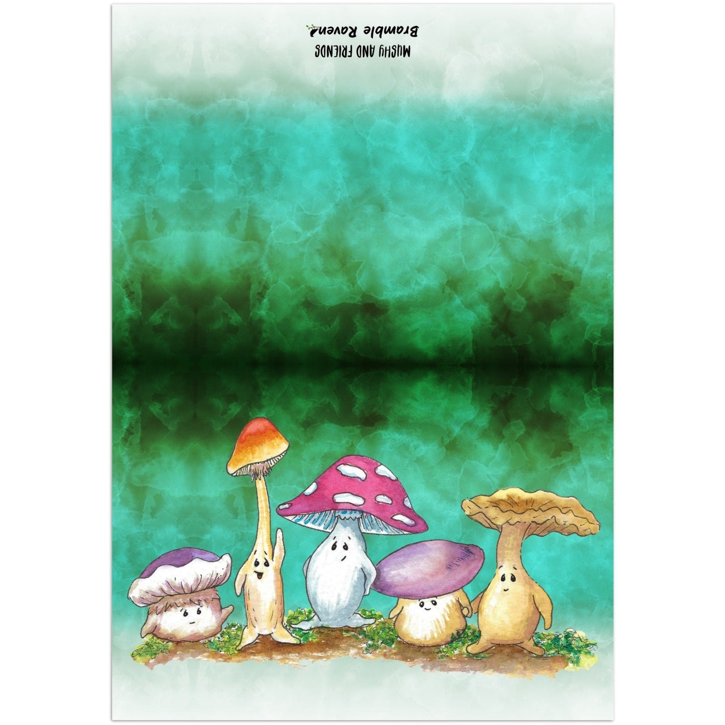 A pack of ten greeting cards and envelopes.  Each card is 5  by 7 inches. The front features Mushy and his whimsical mushroom friends on a green gradient background. The inside has a slim green border and plenty of room for your message.