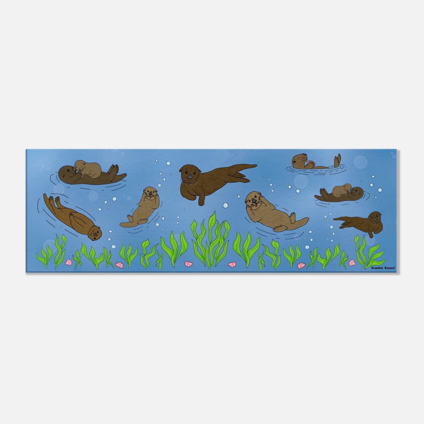 12 by 36 inch slim canvas wall art print of sea otters swimming along the seabed. Hanging hardware included for easy installation.