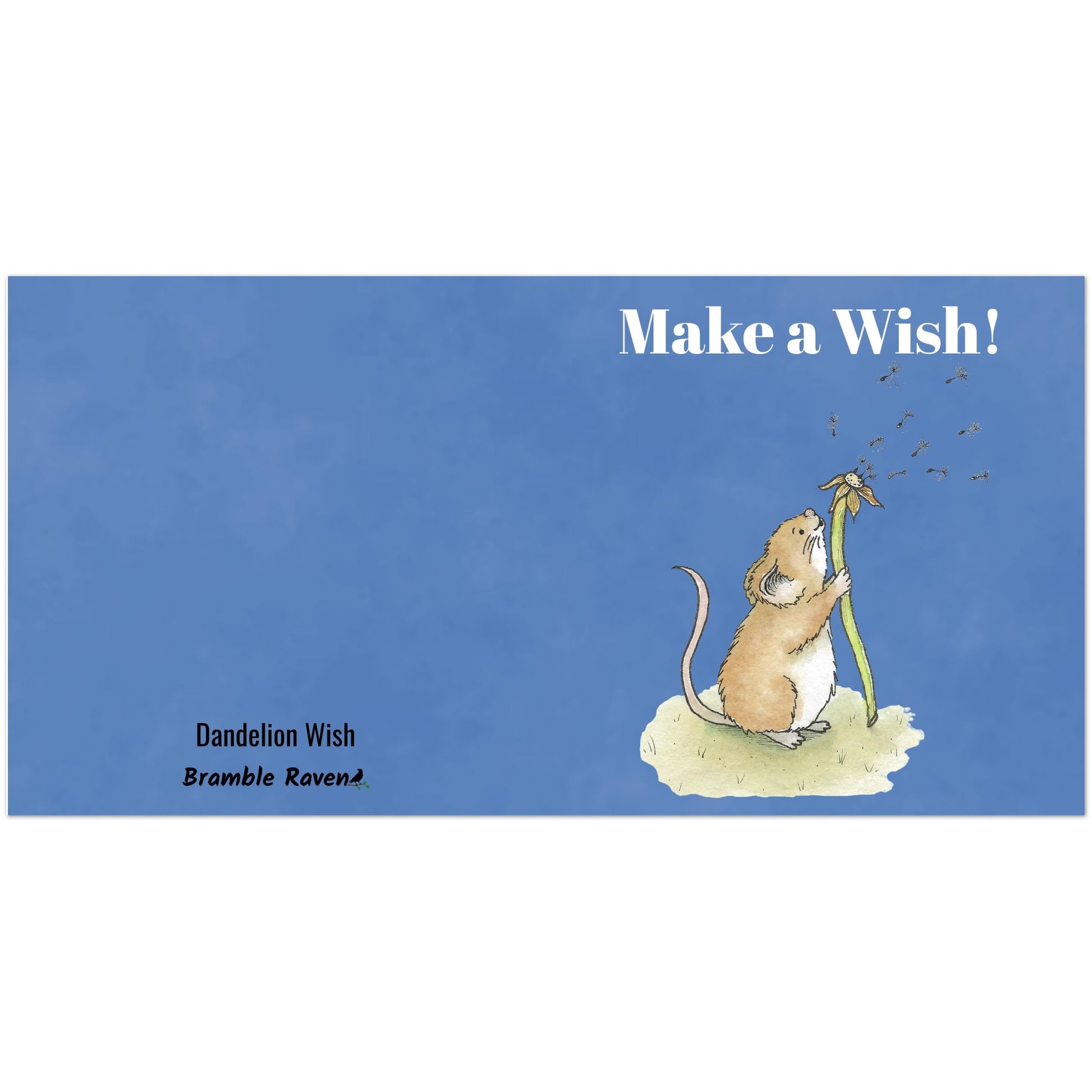 Ten fun greeting cards with envelopes. The front features white "Make a wish!" text and our watercolor dandelion wish mouse on a blue background. Inside is blank. Made with thick 350 gsm 150lb coated paperboard with vibrant printing.  Cards measure 5.25 by 5.25 inches.