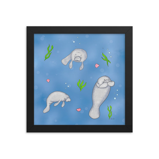 10 by 10 inch framed manatee poster print in a black ayous wood frame with an Acrylite front protector and hanging hardware.