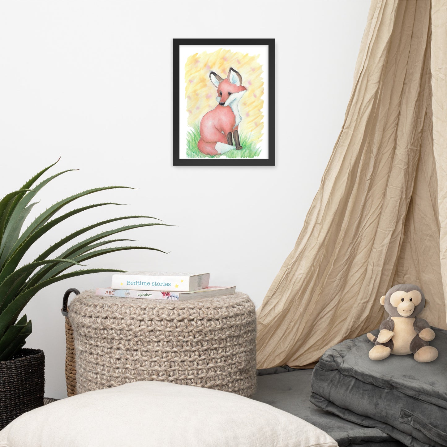 11 x 14 inch Sunset Fox art print. Shown in a black frame on a wall above a tan curtain and an ottoman with books for decorative suggestion. Listing is for unframed art print.