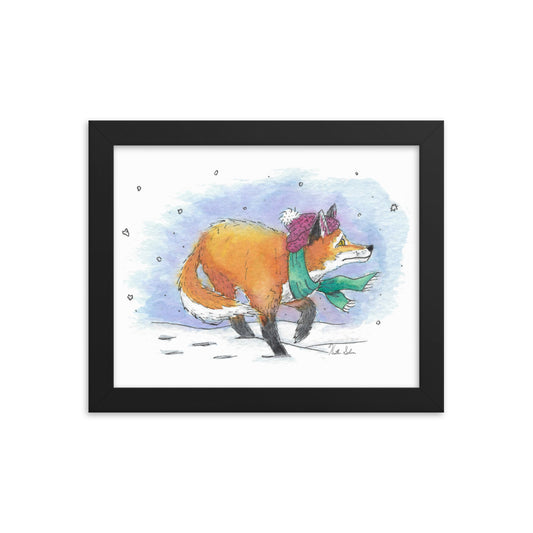 8 by 10 inch art print of my watercolor painting, Winter fox, wearing a hat and scarf in the snow. Made with giclee printing on enhanced matte paper. Come in a black ayous wood frame with hanging hardware and an acrylite cover.