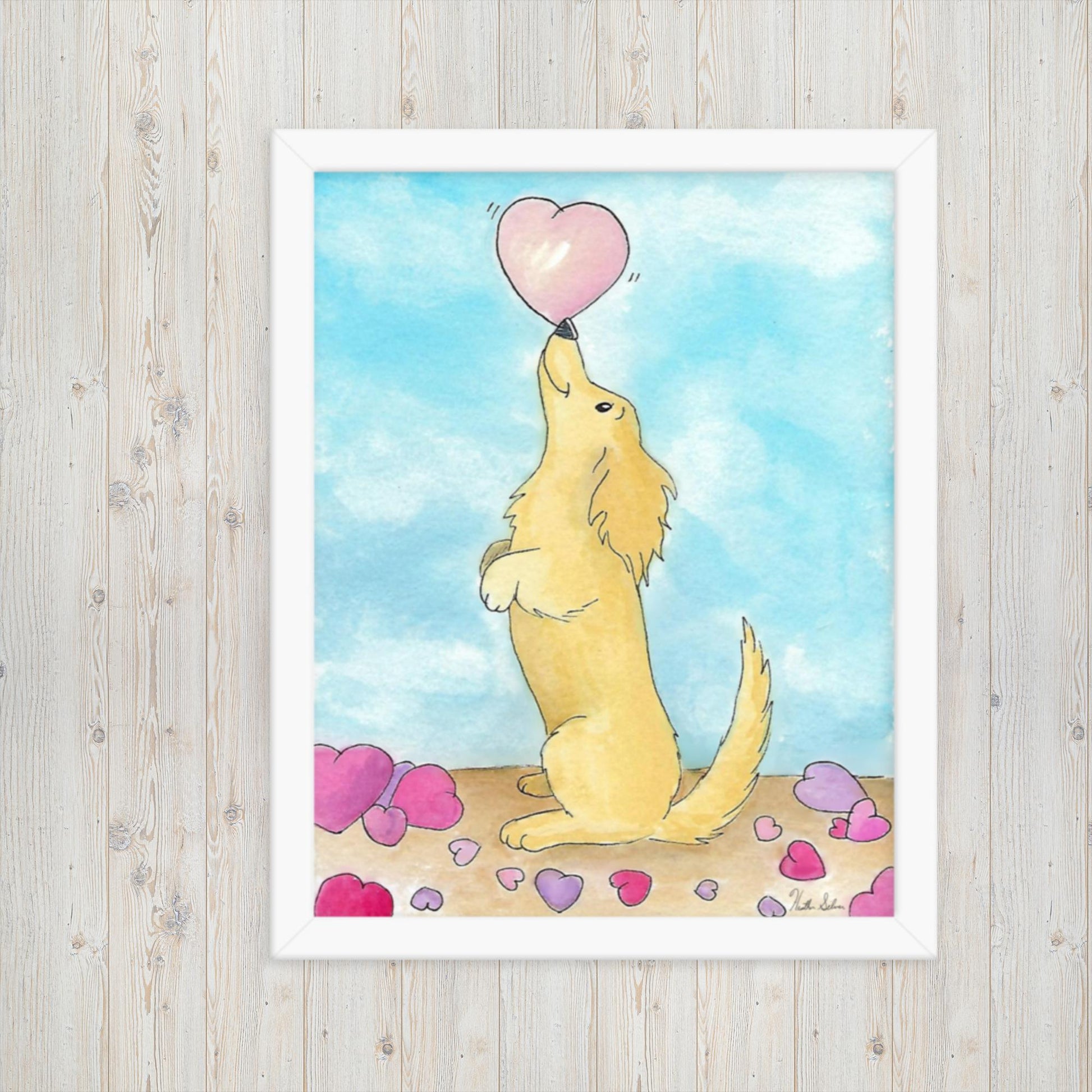 Framed watercolor art print entitled Puppy Love.  11 by 14 inch print in white ayous wood frame. Has acrylite cover to protect the art print. Hanging hardware included. Shown on wood panel wall.