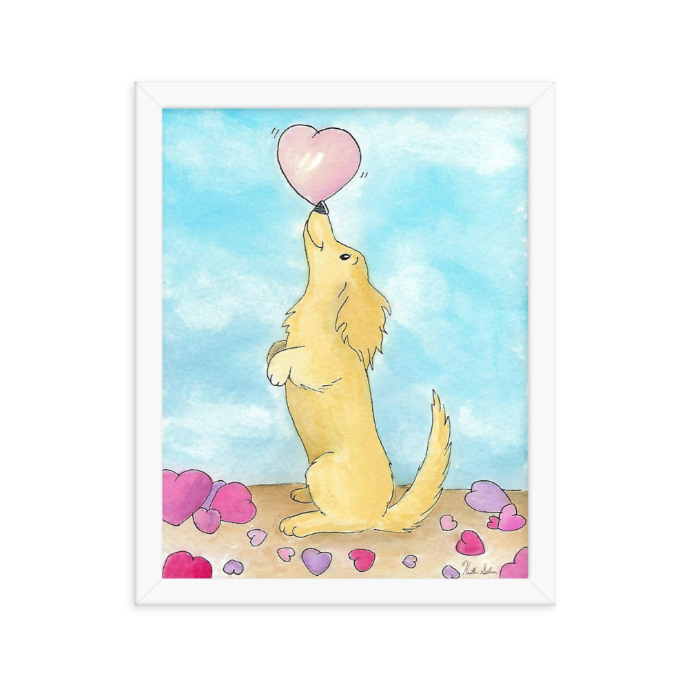 Framed watercolor art print entitled Puppy Love.  11 by 14 inch print in white ayous wood frame. Has acrylite cover to protect the art print. Hanging hardware included.