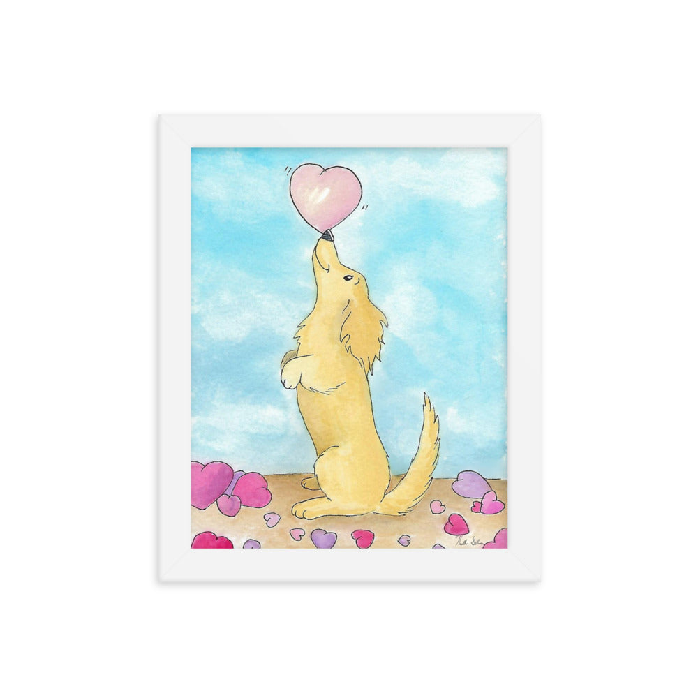 Framed watercolor art print entitled Puppy Love.  8 by 10 inch print in white ayous wood frame. Has acrylite cover to protect the art print. Hanging hardware included.